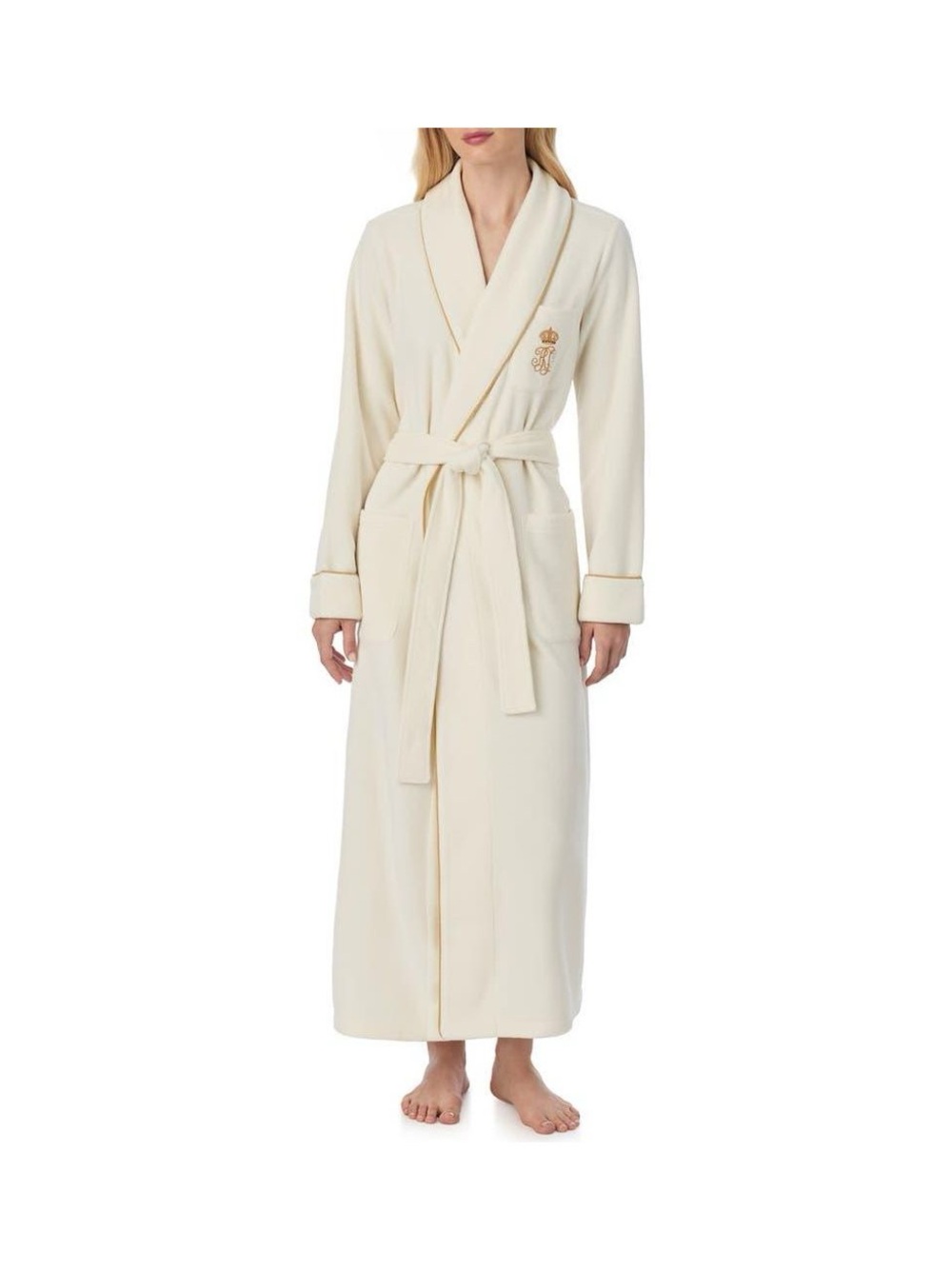 Ralph Lauren Monogram Fleece Long Plush Robe with Embroidered Crest